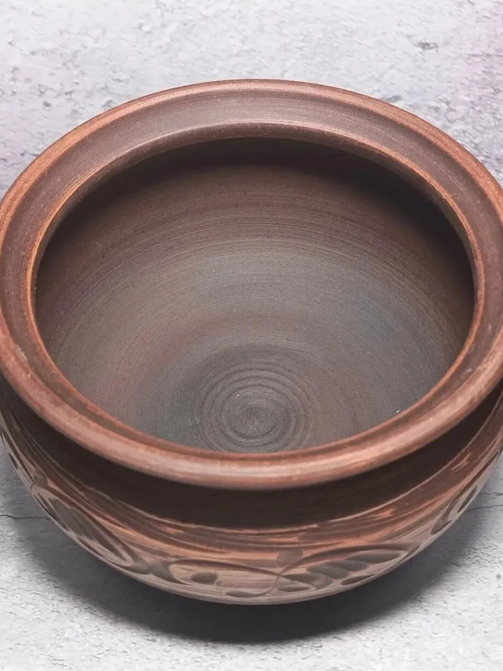 Pottery casserole. Handmade from red clay, carved pattern. Eco-friendly product