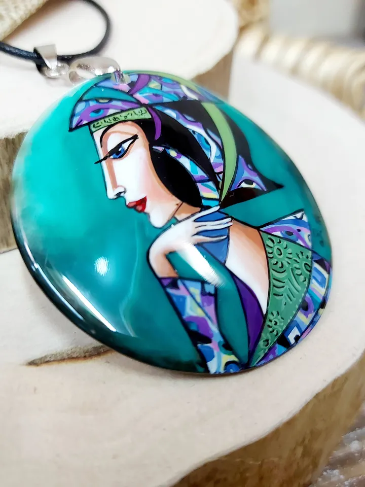 Pendant "In purple tones 2" Mother-of-pearl Hand-painted Art gift Russian necklace, fine art jewelry Fedoskino