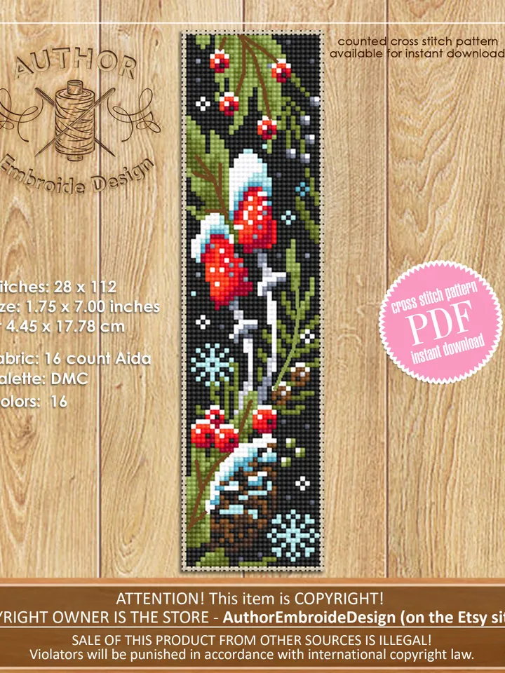 Christmas mushroom bookmark cross stitch pattern PDF download Magic mushroom cross stitch chart Christmas bookmark pattern digital PDF #B203