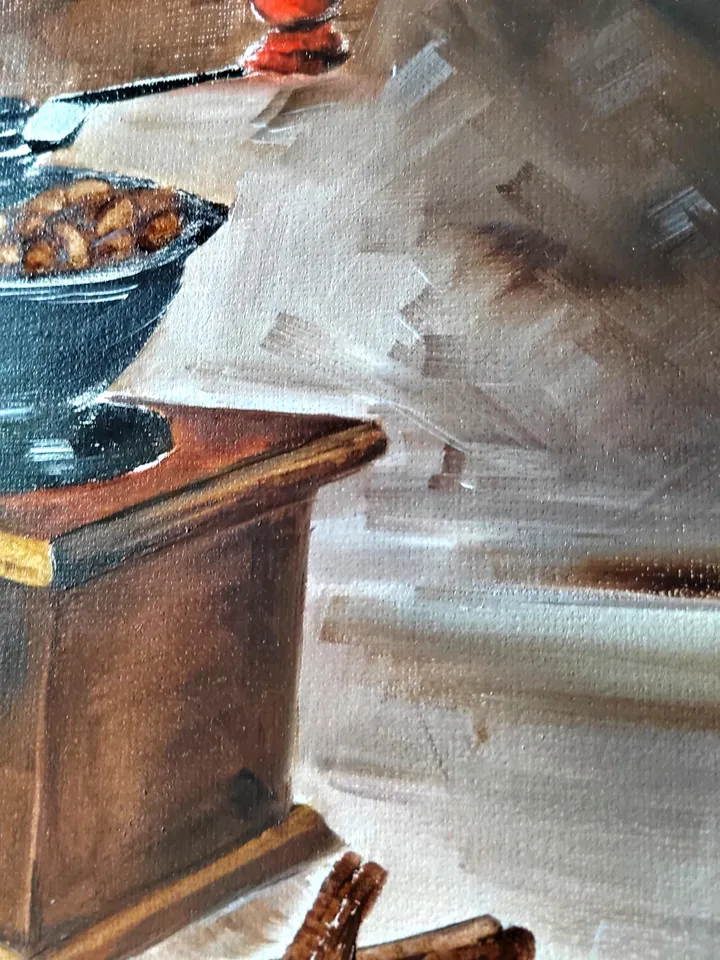 Manual Coffee Mill & Coffee Beans Artwork Original Oil Painting 10.63x15.35 in by ArtCafe