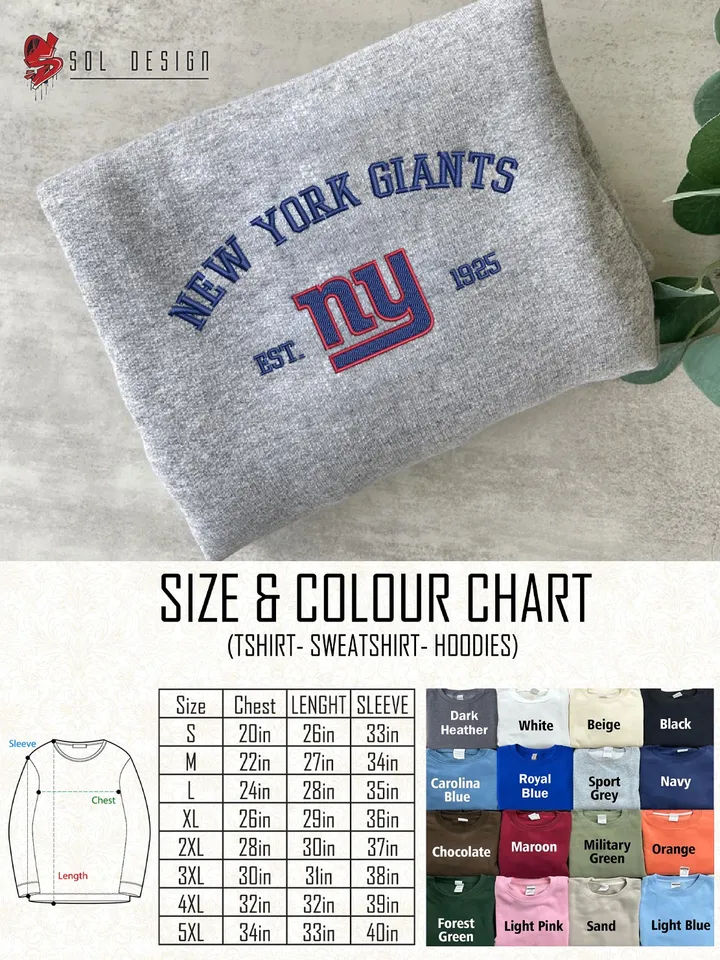 New York Giants Est 1925 Embroidered Sweatshirt, NFL Embroidered Sweater, NFL New York Giants Shirt, Hockey Embroidered Hoodie, Unisex Game Day Crewneck, NFL Football Fan Gift Tee