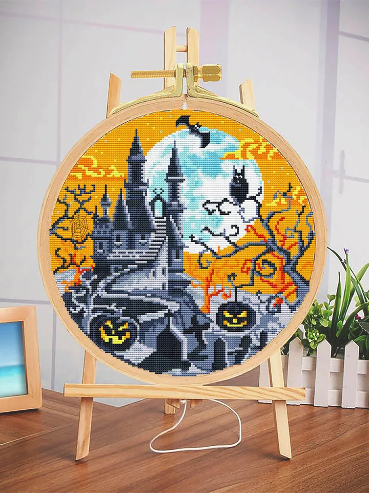 Halloween cross stitch pattern PDF download Spooky haunted house cross stitch chart, Halloween pattern digital PDF Happy Halloween night #H2