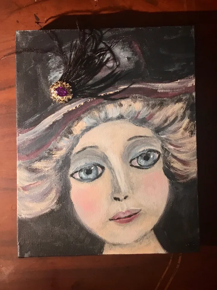 Victoria doll,original mix media painting on 3 d canvas,one of a kind, fantasy antique doll painting,gift,home decoration