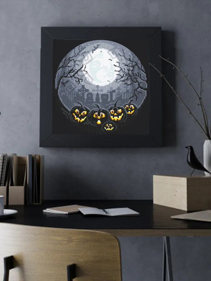 Scary Halloween cross stitch pattern download PDF, Full moon cross stitch chart, Halloween pumpkin cross stitch, Graveyard embroidery #H41