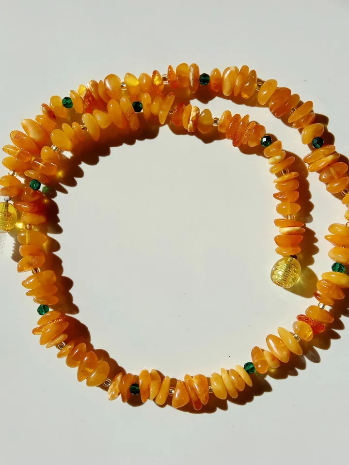 Natural Amber Necklace Choker necklace
Casual Boho Yellow Gemstone Jewelry
with Green Beads minimalism necklace
Gift daughter for girl women