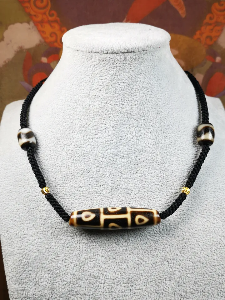 Gandhanra Antique Tibetan 9 Eyed Bodhi Dzi Bead Necklace, 2.1" x 0.51", 40 Years Old
