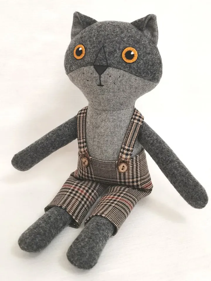 Gray cat boy, kitten wool plush toy, handmade textile stuffed cat
