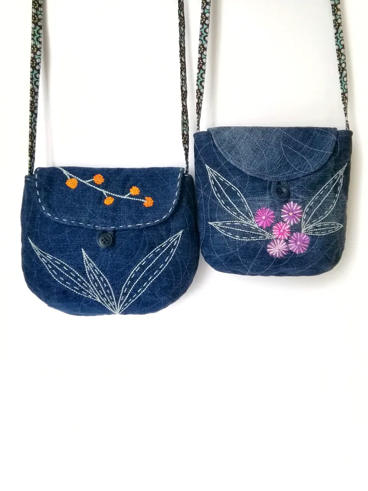 Boho Chic Mini Denim Crossbody Bags: Handmade Embroidered Shoulder Purses for Women, Floral Accents, Unique and Stylish. FREE SHIPPING!