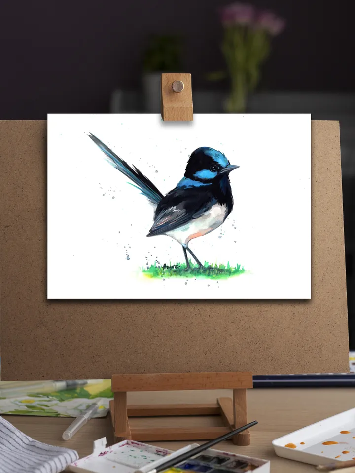 Blue fairy wren original watercolor, bird on the branch painting, colibri portrait room decor, 8x11 in wall art for bird lovers handmade by Anne Gorywine
