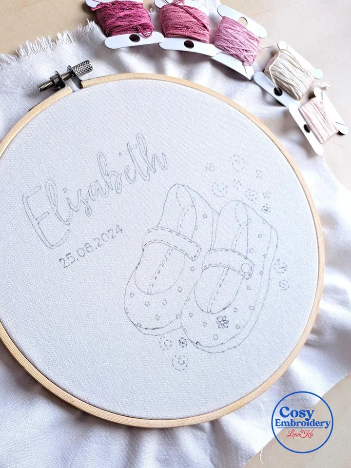 Personalized Baby Name Embroidery Pattern PDF Custom Pink Floral Girl Shoes Design Nursery Wall art DIY Birth Announcement Handmade Hoop Art