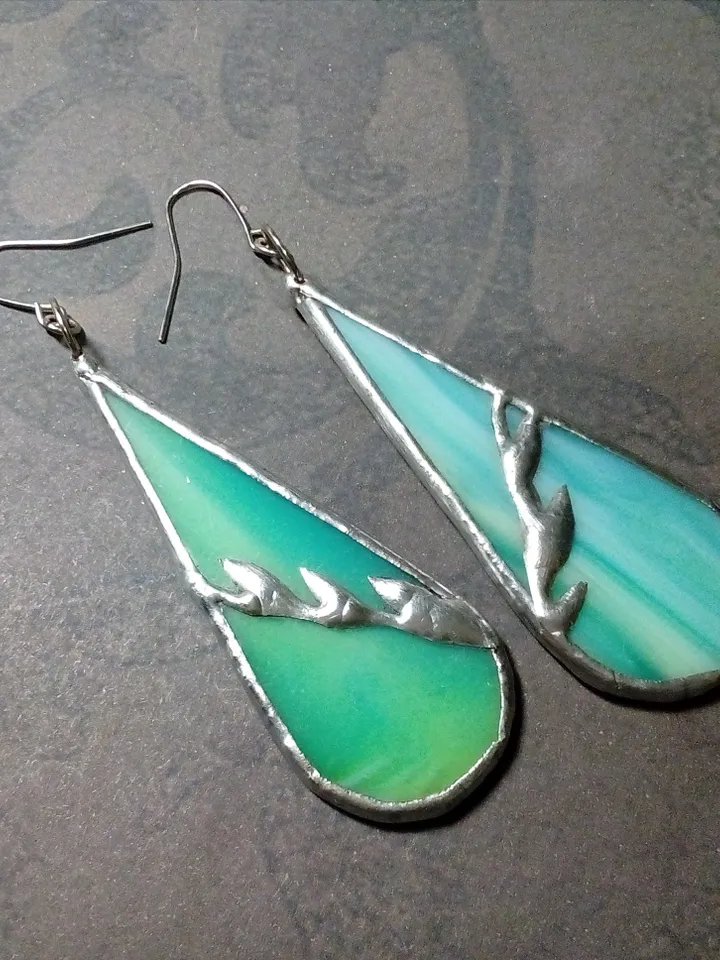 Green glass earrings, Dangle earrings, stained glass earrings, leaf drop earrings, simple stained glass