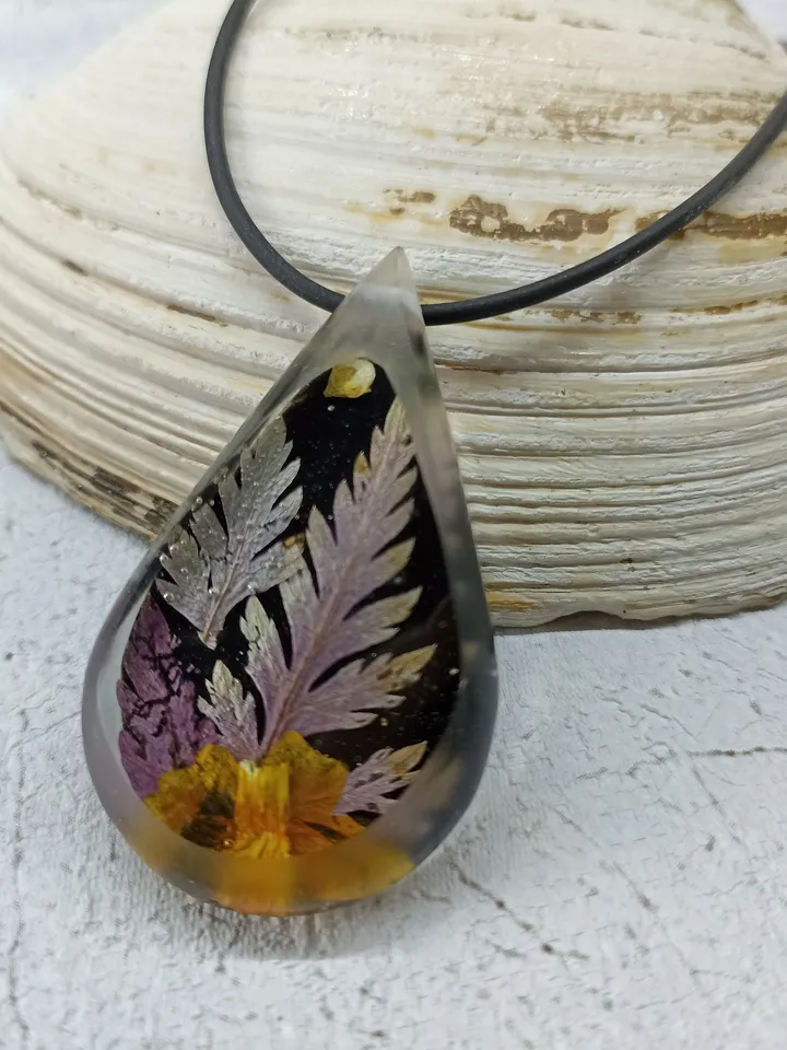 Resin and flower purple pendant Real fern leaf drop charm necklace