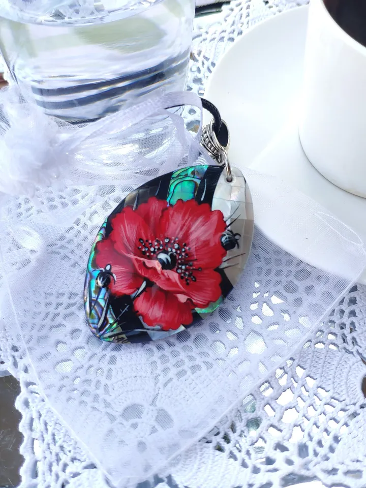 Pearl pendant necklace: Big red poppy flower on handmade necklace • Hand painted statement jewelry for dress • unique trendy floral necklace