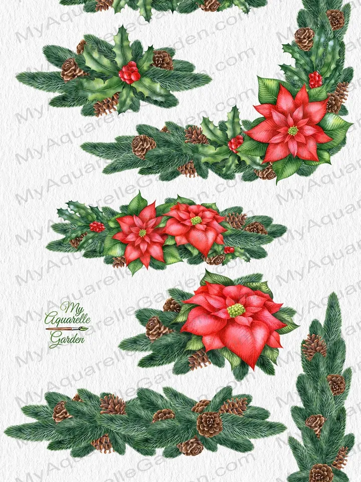 Christmas decor Fir twigs cones ilex holly poinsettia Watercolor hand-painted image DIY wishes card Scrapbooking Gift wrapping Printable PNG