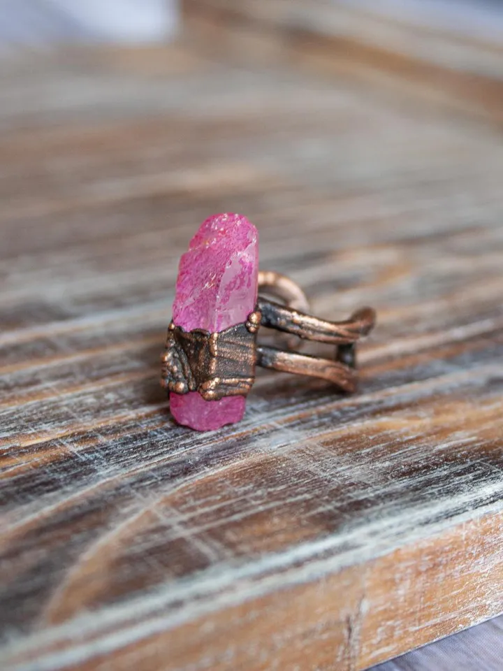 Unique handmade quartz ring in a copper frame made using the electroforming process