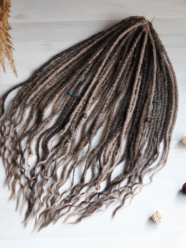 Wavy Synthetic Dreadlock Extensions in Ash Brown with Boho Beads and Wraps for Natural Looking Festival Hairstyles