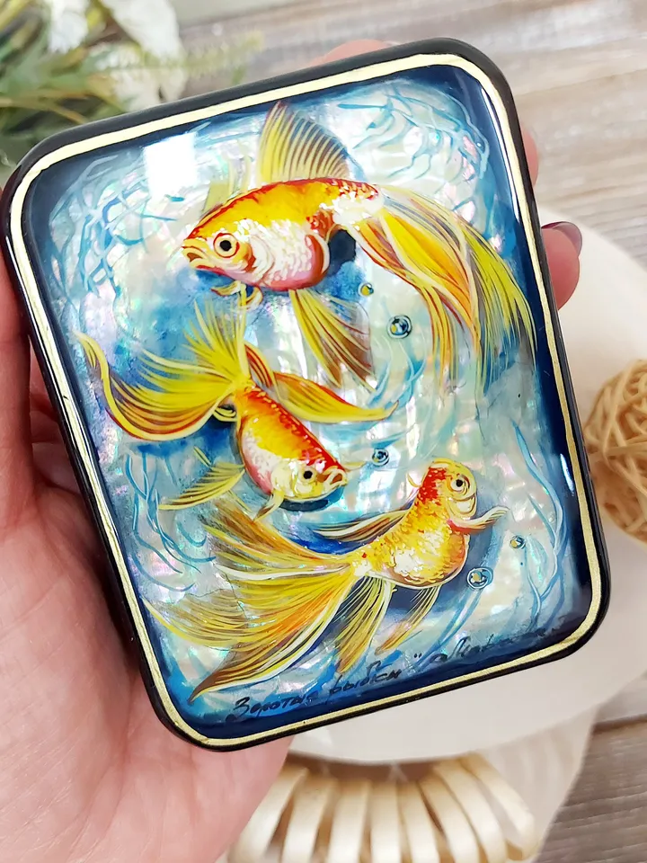 Beautiful Russian Lacquer Box "Fishes",Fedoskino miniature Hand painted ,box for jewelry Mother of pearl, Art gift