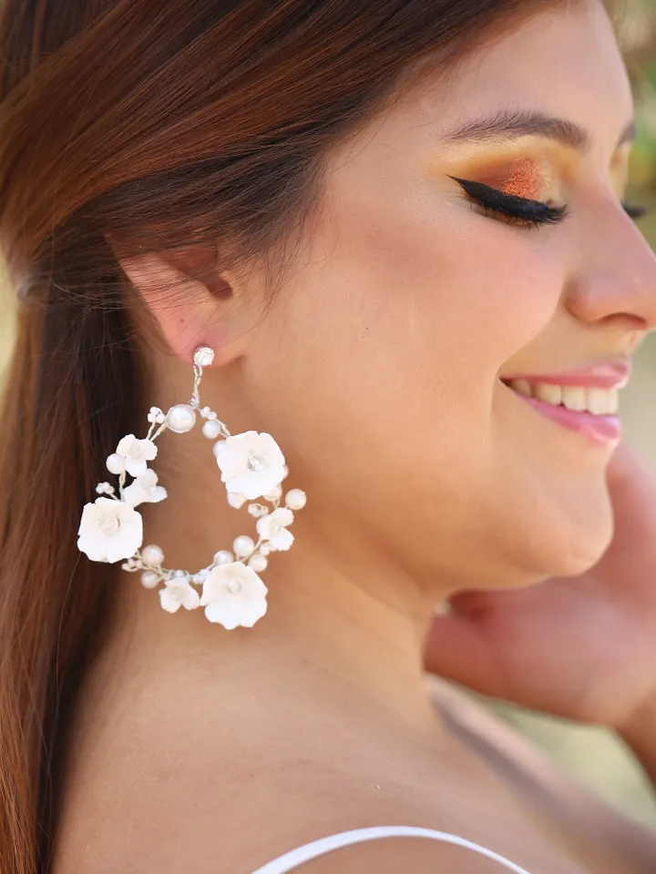 Delicate Porcelain Flowers Wedding Earrings For Bride, Crystal Silver Bridal earrings, Hoop Earrings, Chandelier Statement Earrings, Jewelry