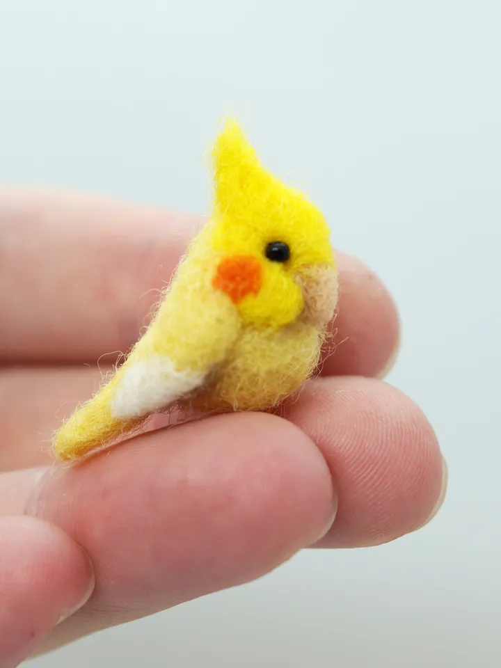 Miniature needle felted yellow cockatiel, tiny pet, cockatiel, made to order