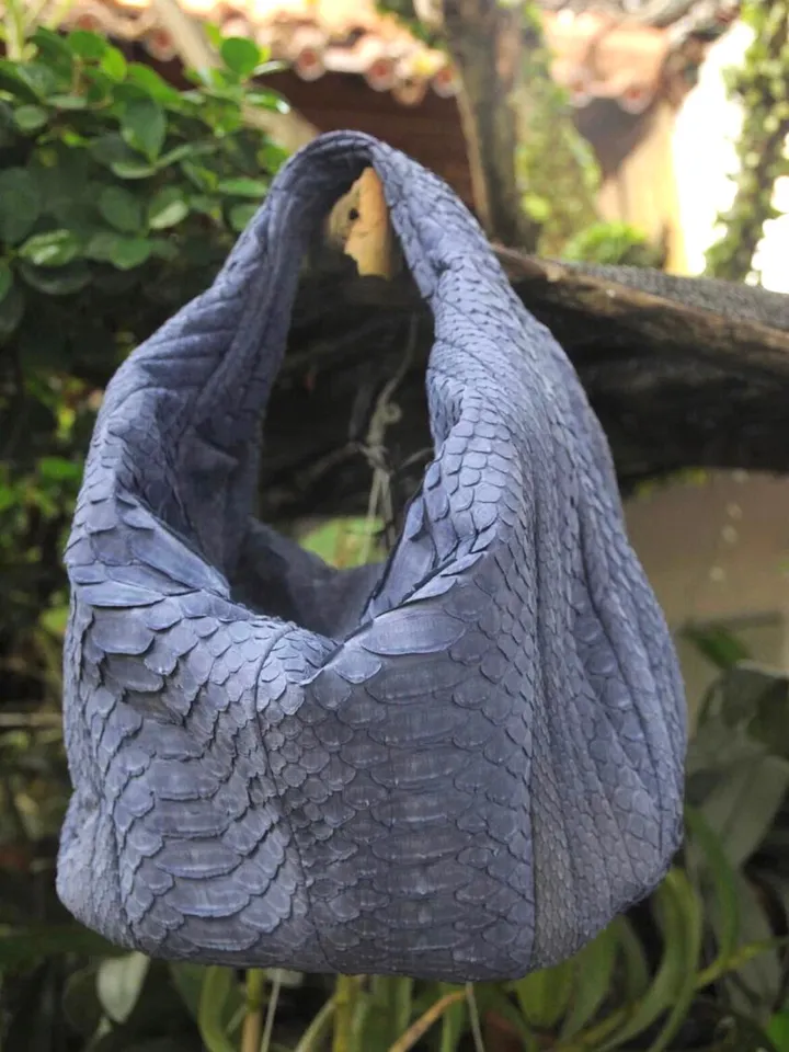 Medium Soft Hobo Classy Sport Woman Stitched Bag | Purse Genuine Python Skin | Dewi Gray Big Elegant Leather Designer Soft Bag Snake |