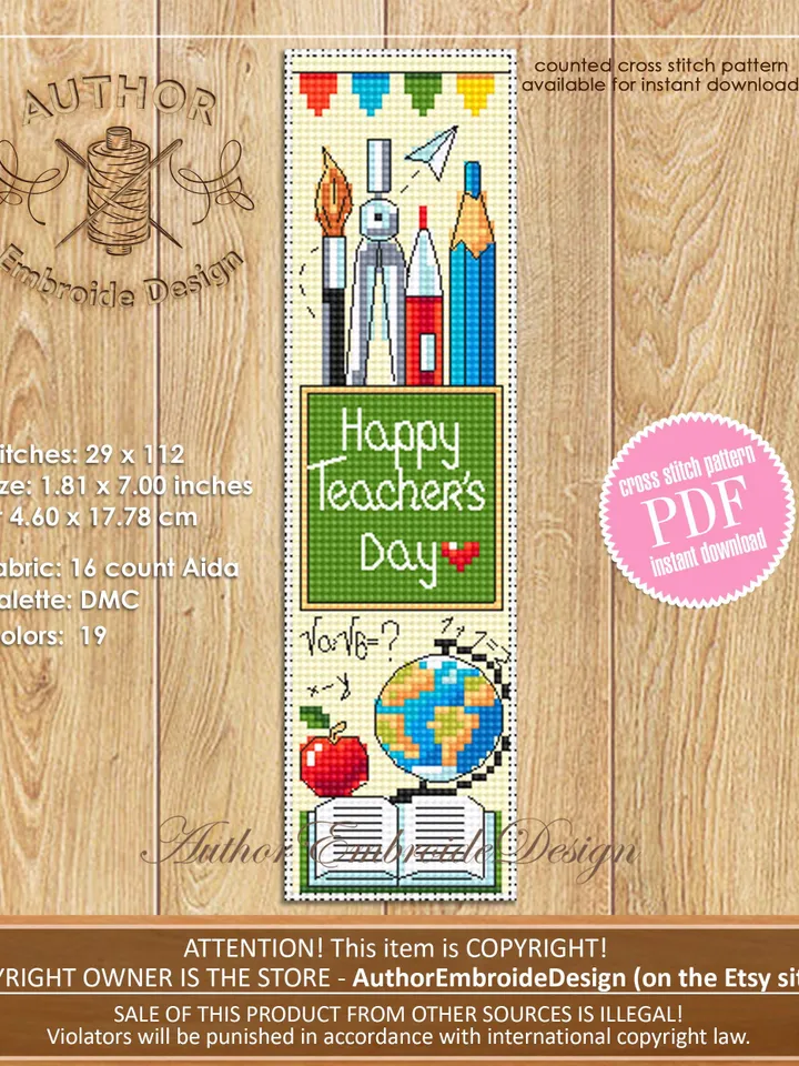 Teacher bookmark cross stitch pattern PDF download Happy teachers day, Handmade bookmark pattern digital PDF, Teachers day gift School #B351