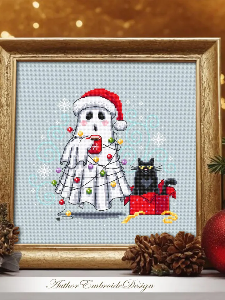 Christmas ghost with black cat cross stitch pattern PDF instant download Cute ghost cross stitch chart, Christmas pattern digital PDF #N151