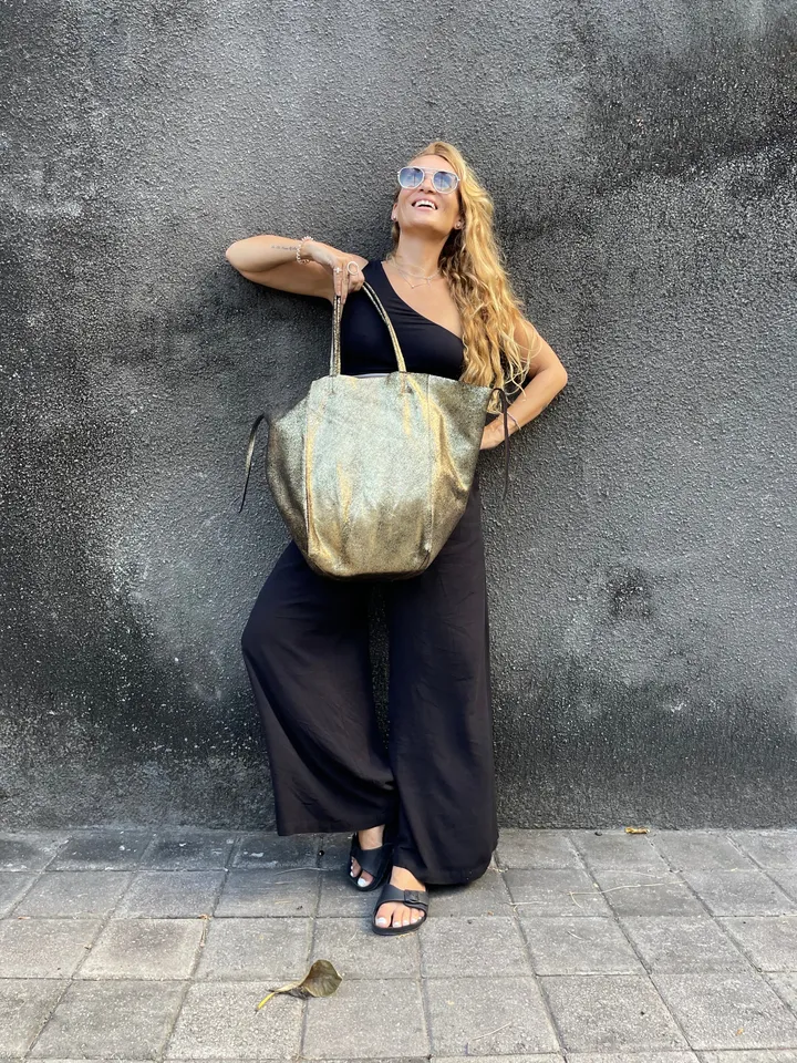 Genuine leather gold tote shopper big bag / everyday purse / handmade bags / designer bags / metallic summer bag / gift for her