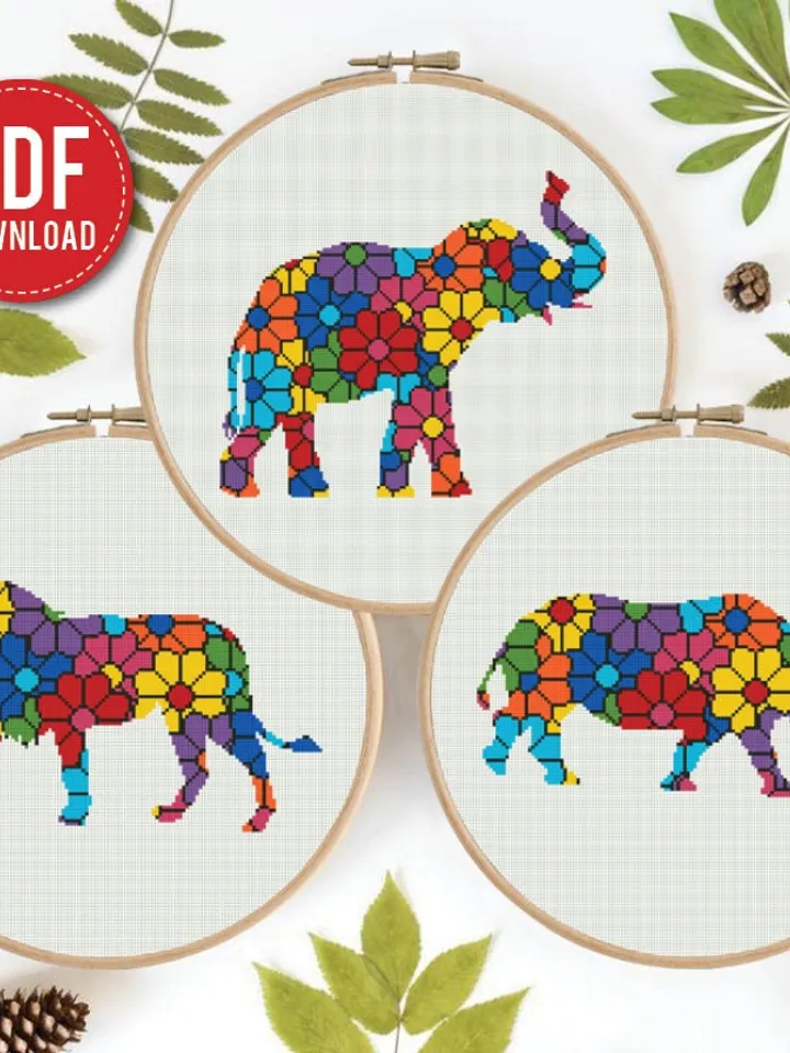 Bundle of 3 Elephant, Lion, Rhino Cross stitch pattern | Embroidery Pattern | Instant Download | Embroidery Designs