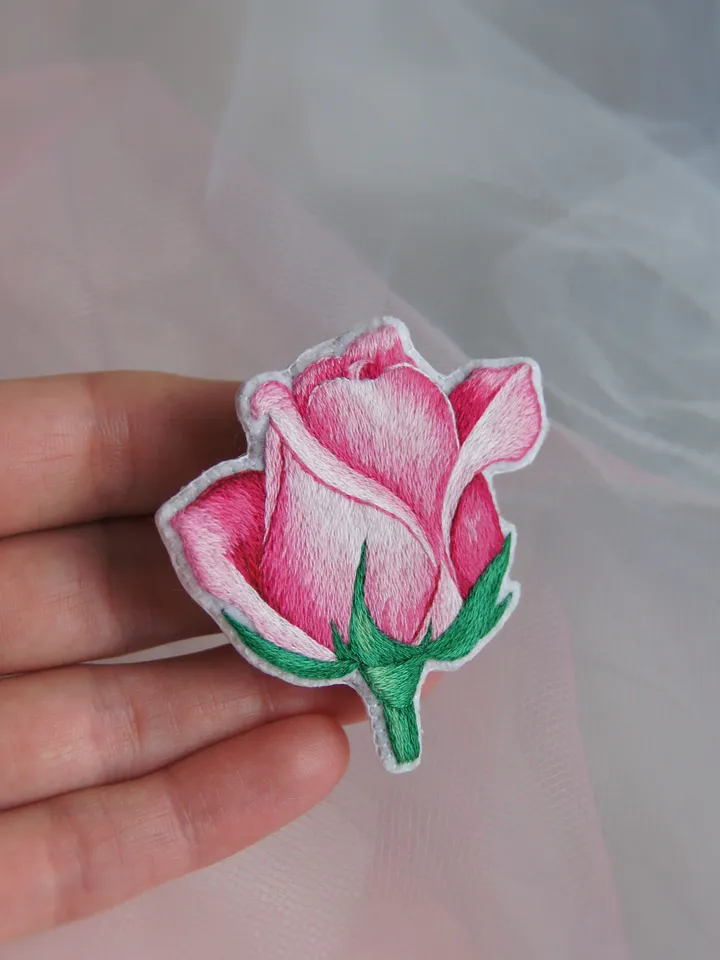 Rose Bud Brooch. Embroidered brooch, artistic satin stitch.
