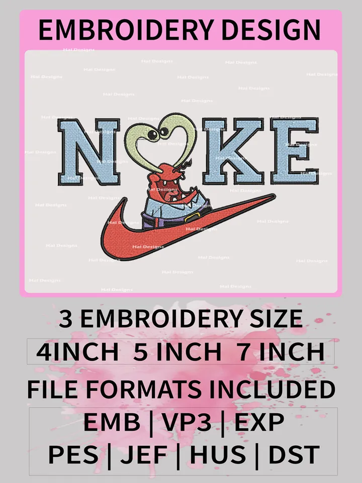 Nike Mr. Krabs Embroidery Designs, SpongeBob SquarePants Mouse Machine Embroidery Patte, Nike Logo Embroidery File.
