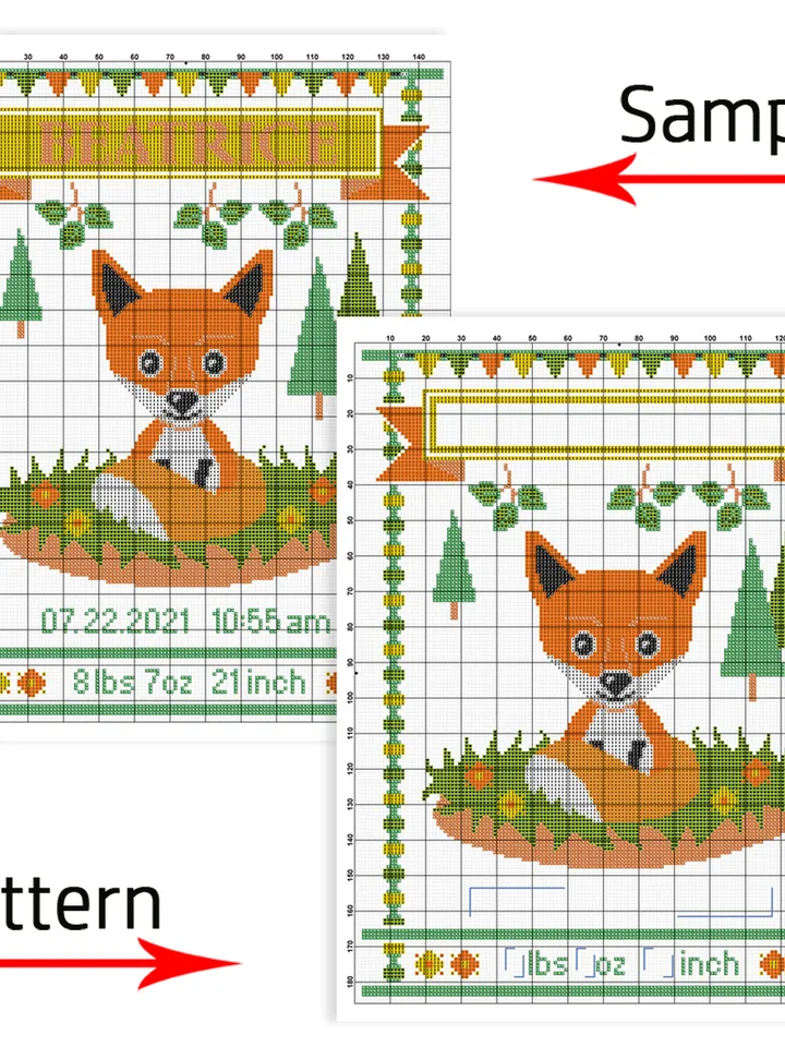 Cute Fox Cross Stitch Pattern. Baby Birth Announcement. Animal Cross Stitch. DIY. Customizable New Baby.