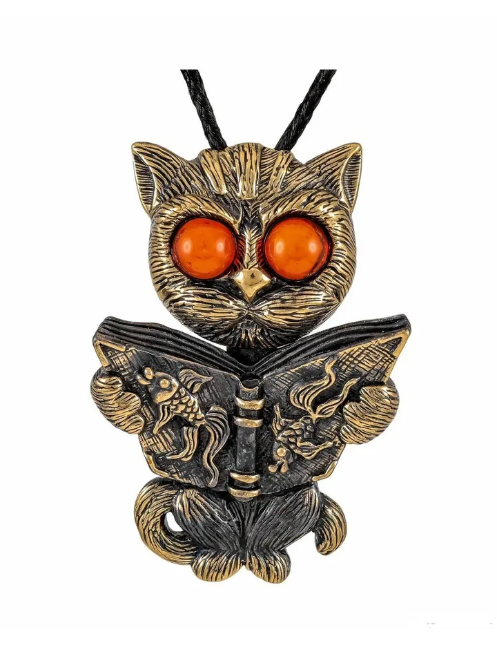 Funny Cat Jewelry Gold Brass and Amber Pendant Necklace for Men Women