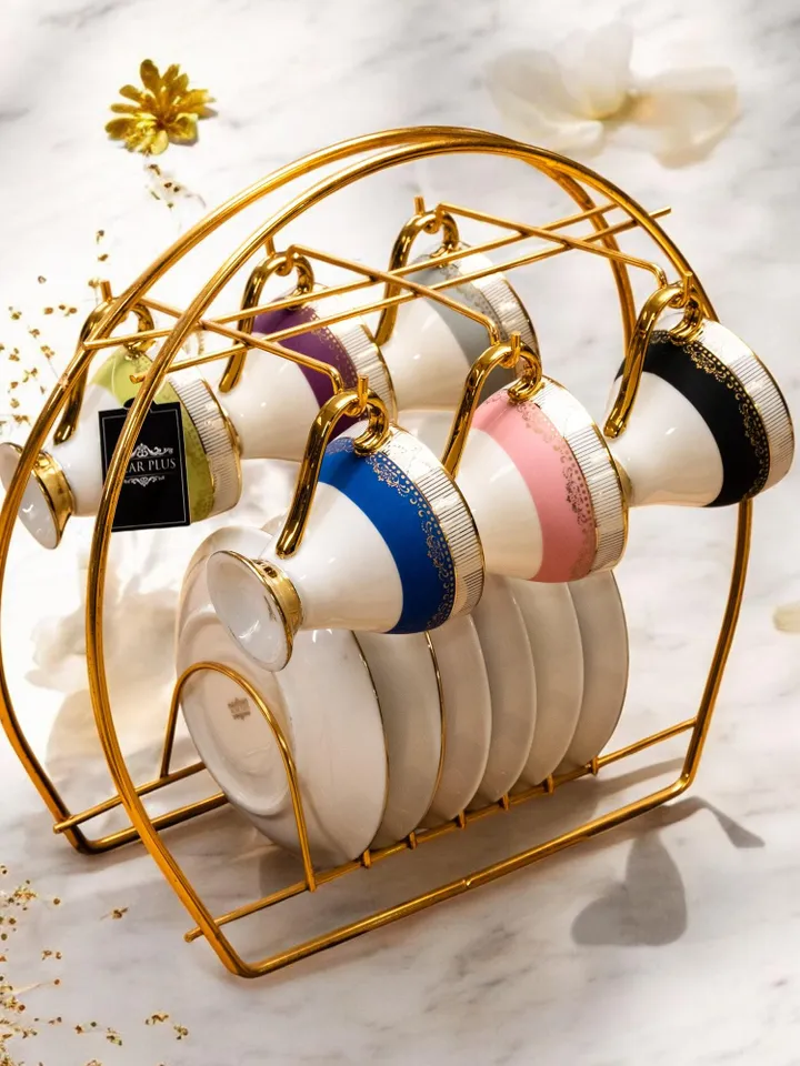 14K Genuine Gold Powder Porcelain Tea Cups And Saucers | Tea Cups Saucers Set | Gold Porcelain Set | Elegant Teaware | Gift For Tea Lovers