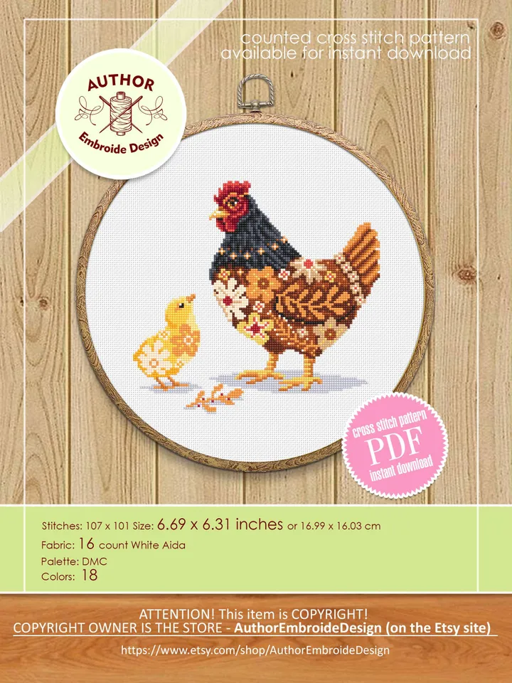 Floral chicken cross stitch pattern PDF download Chicken mom cross stitch chart, Flower pattern digital PDF, Farmhouse bird, Mother Hen #K64