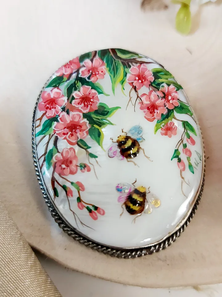 Brooches for women: Pink Wild Roses and Bees Brooch, wonderful hand painted shell pins, handmade paintings on mother of pearl pin for dress