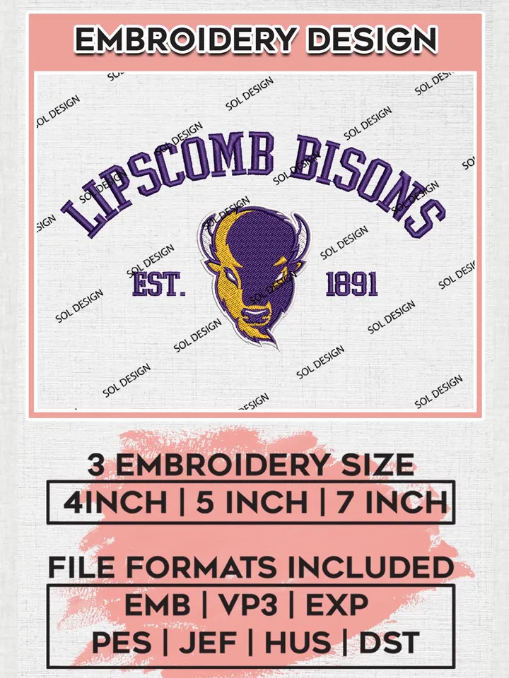 Lipscomb Bisons Est 1891 Logo Embroidery Designs, NCAA Lipscomb Bisons Team Embroidery, NCAA Team Logo, 3 sizes, Machine embroidery Files, Digital Download