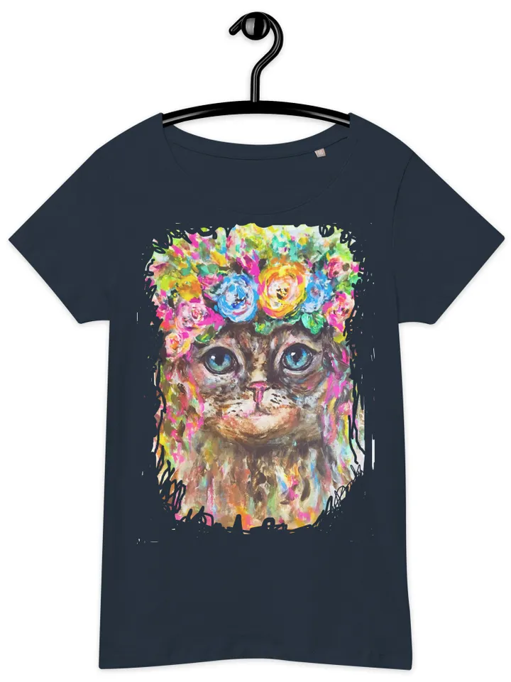 Flower cat Women’s basic organic t-shirt made with my original watercolour mix media artwork,one of a kind.