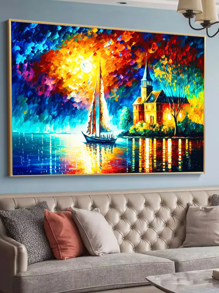 Original Colorful Lake View Oil Painting On Canvas, Abstract Boat Painting, Lakeside Buildings Art, Large Wall Art, Living room Wall Decor