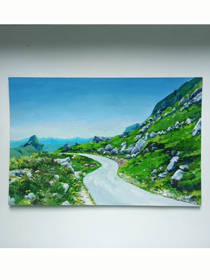 Mountain landscape, Mountain road, Montenegro, Original 20x30cm acrylic painting