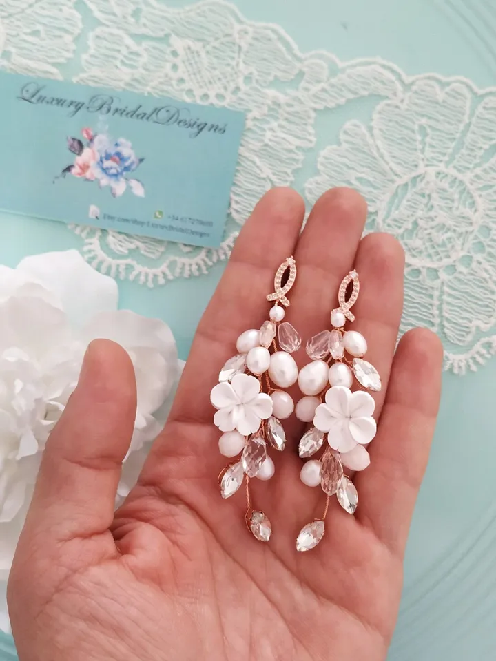 Rose Gold Porcelain Flowers Bridal Earrings, Freshwater Pearl Chandelier Statement Earrings, Swarovski Crystal Bride Jewelry, CZ Jewellery