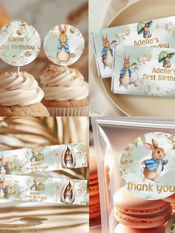DIY Editable Baby Birthday Template large Bundle for Peter Rabbit party theme invitation banners labels milestone pr888