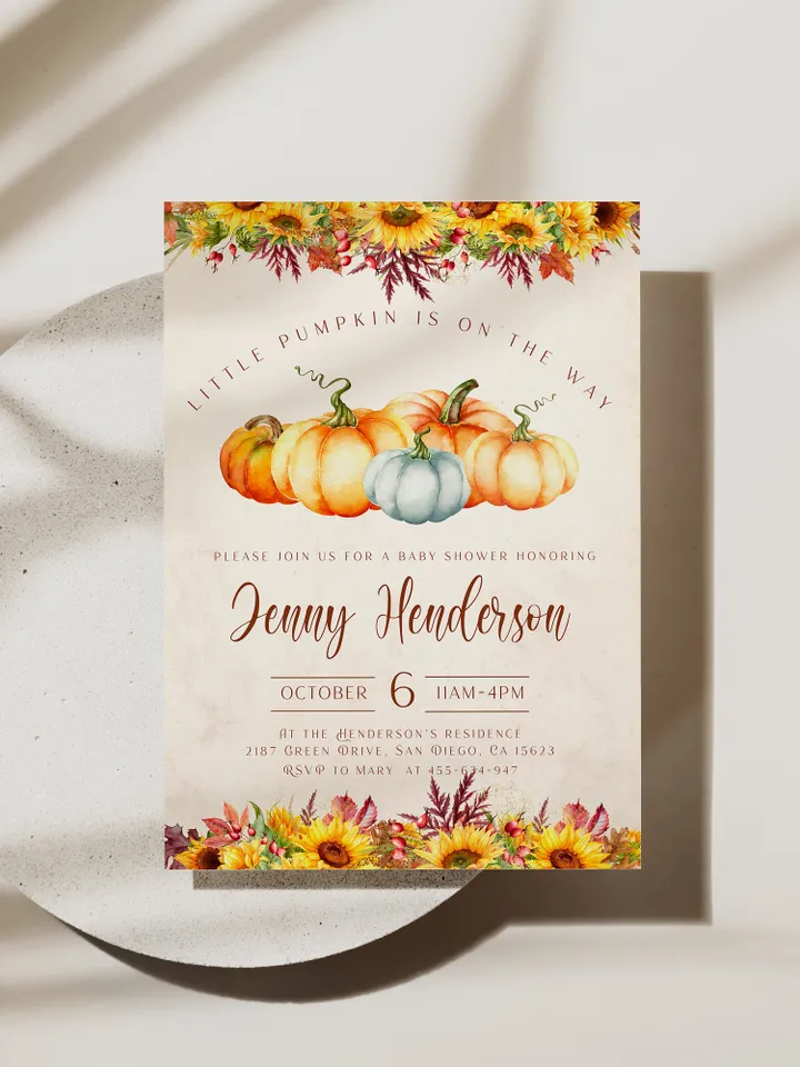 Little Pumpkin is on the way; Editable Autumn Pumpkin Baby Shower Invitation Template Canva; Fall 2022 Autumn Watercolor Pumpkin Invitation