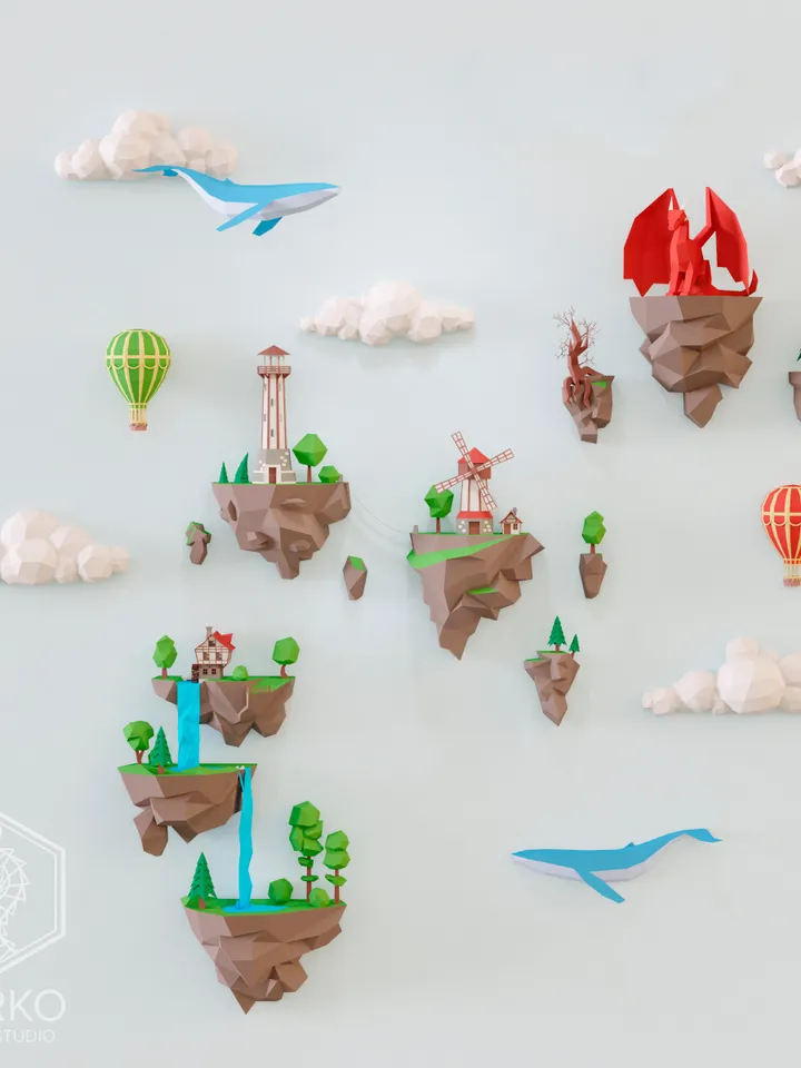 Papercraft Flying Islands (5 sets), Digital Template, PDF Download, Gurko, 3D Low Poly, Pepakura, DIY Origami Sculpture, Paper Decor, Gift