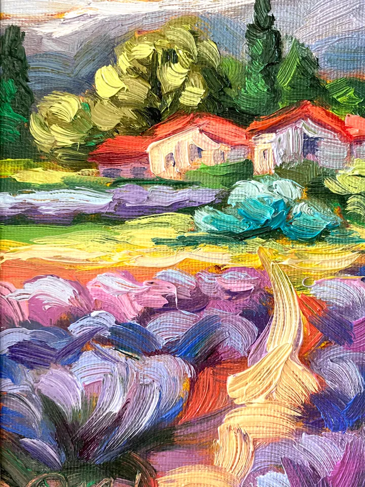 Lavender Fields Painting Tuscany Original Art Landscape Oil Painting Impasto Small Artwork 4x6 Tuscan Serenity Painting Wild Flowers