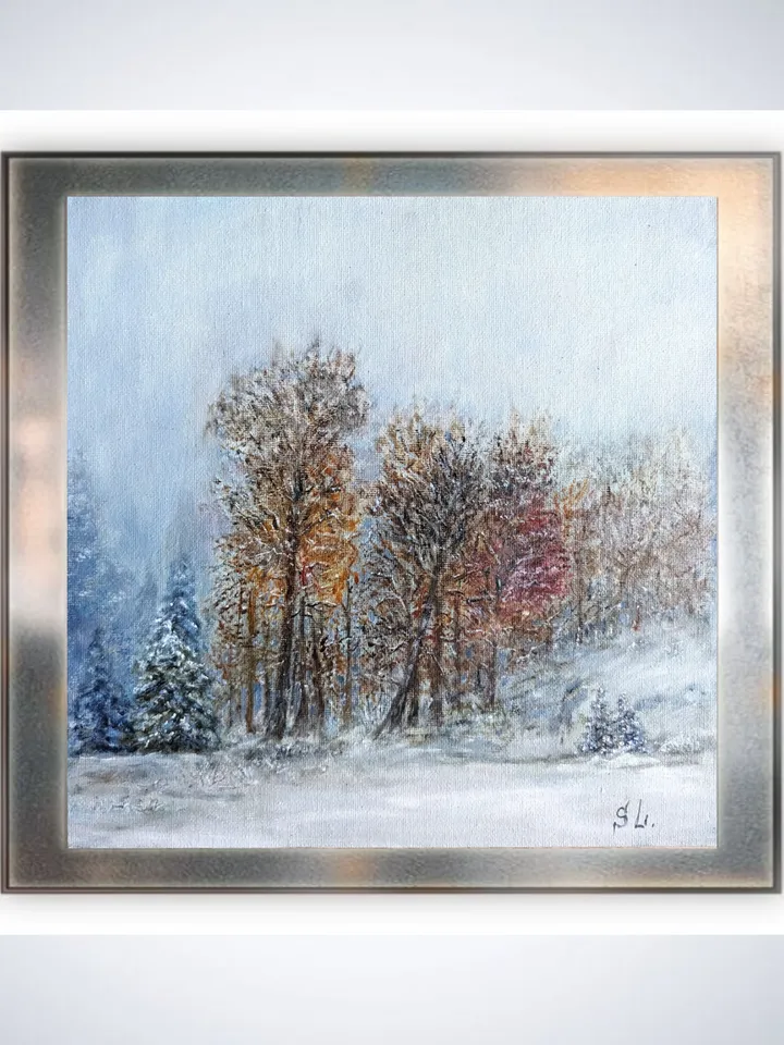 Oil Painting Winter Landscape Original Art Wall Art Canvas On Cardboard 10x10 Inch