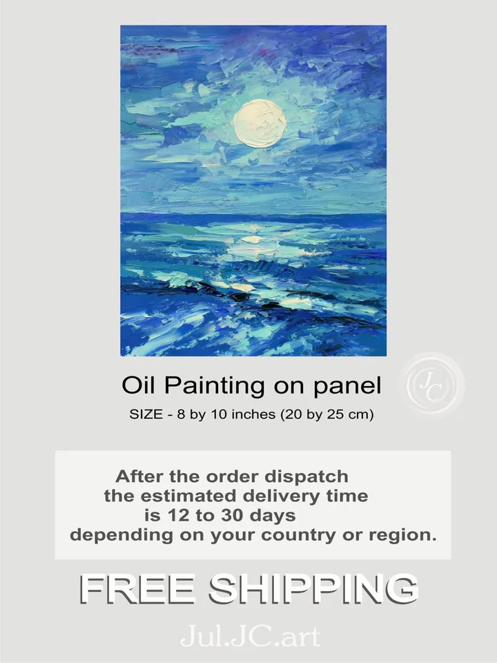 Moonlight night painting Seascape wall art original art Ocean oil painting Seaside artwork 8 by 10 inch by Juliya JC