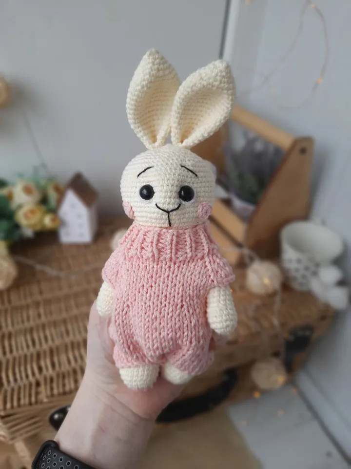 Stuffed bunny toy in pink clothes for nursery gift. Handmade Organic baby toys. Plush toys for baby