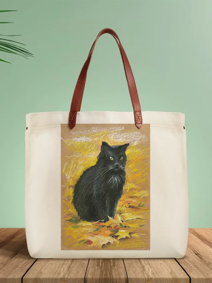 Print template, Black cat in autumn leaves, Portrait of a black cat, Animalistic , Digital file for printing and design, large poster