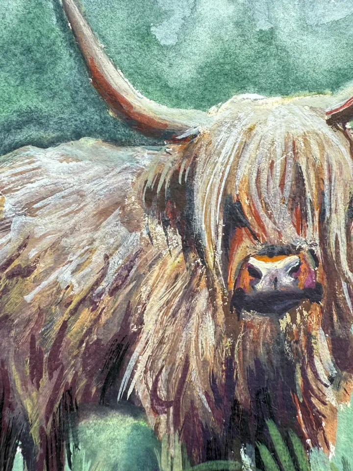 Framed Cow Gouache Painting Original Young Calf Art Framed Animals Decor Dark Cottagecore Art