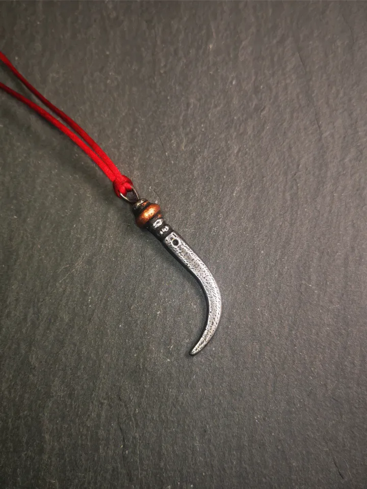 Gandhanra Handmade Tibetan Amulet ,Wolf Tooth Pendant with Leather Cord,Made of Cold Iron inlaid Copper,1.77"